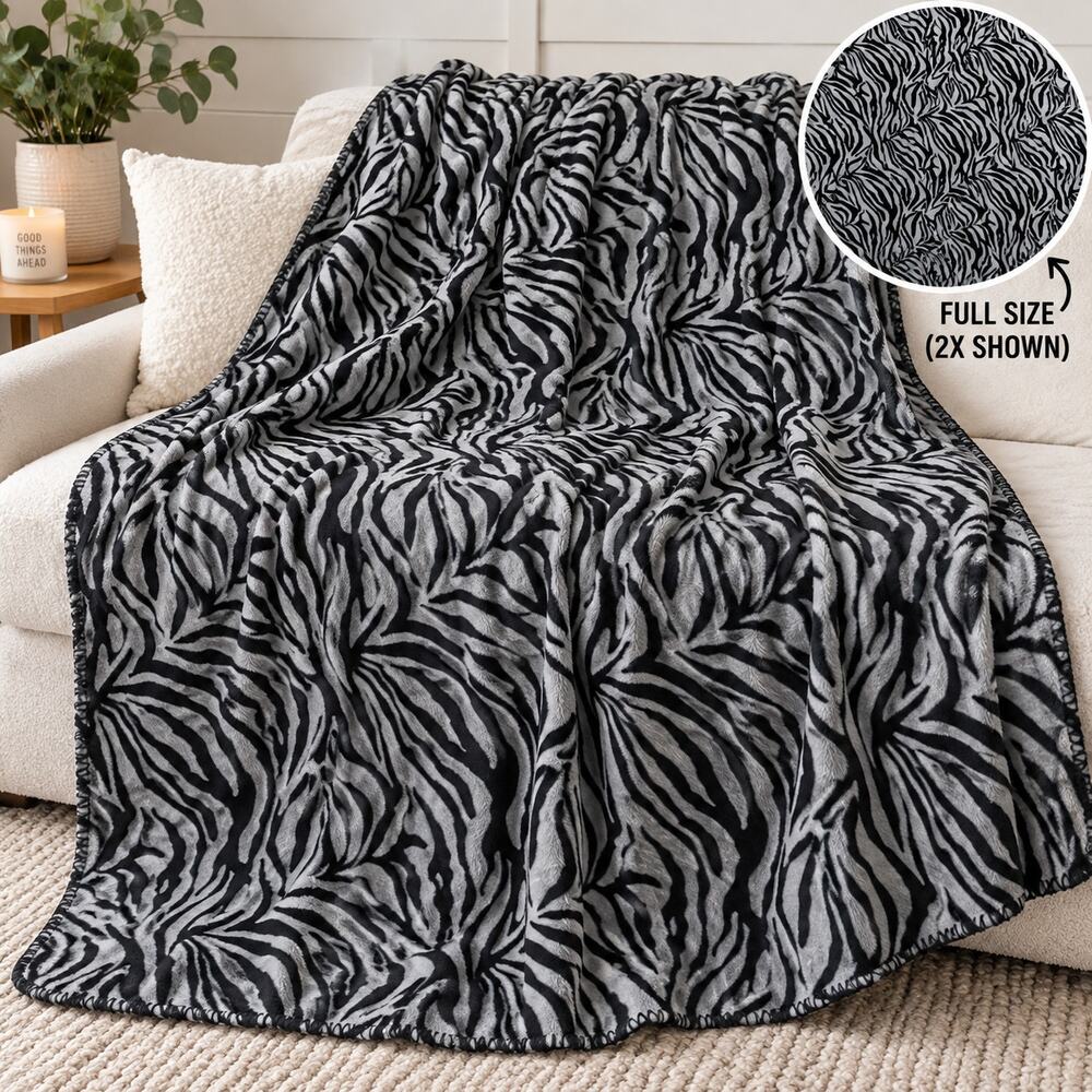 Black & Gray Zebra Print Fleece Blanket – Soft Cozy Oversized Throw